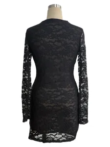 Back view of black long-sleeved lace bodycon dress on a mannequin for party wear