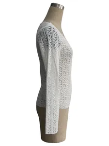 Side view of a slim-fit women's white lace long sleeve top with U-neck design.