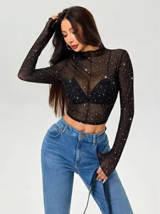 Chic women's mock neck long sleeve sheer mesh top featuring sparkling rhinestone accents