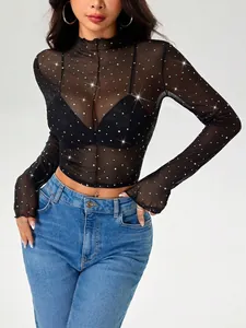 Elegant black sheer mesh long sleeve mock neck top for women featuring sparkly sequin details