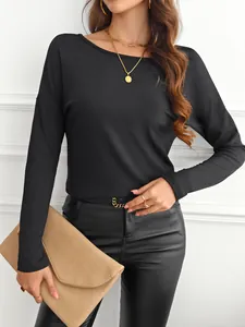 Solid black ribbed long-sleeved T-shirt for women, stylish minimalist daily wear