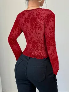 Elegante top da donna a maniche lunghe in pizzo mesh rosso con maniche a campana