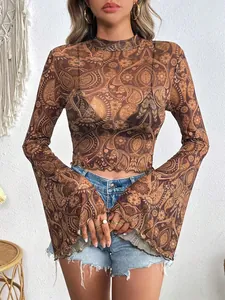 Maglietta in Maglia Stampata da Donna Manica Lunga a Campana Girocollo Slim Fit Top Paisley Cuore Retro Trasparente Pullover