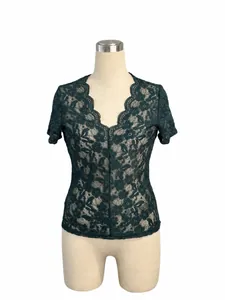 Elegant dark green lace V-neck short-sleeve top for women, slim fit spring style