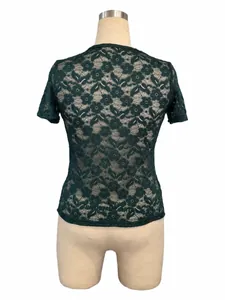 Rear view of a dark green floral lace short sleeve slim fit top on a dress form