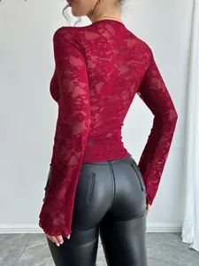 Back view of a red floral lace long-sleeved top with a slim fit and delicate texture