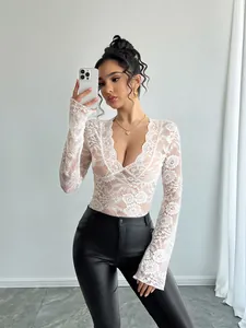 Women's Sexy V-Neck Lace Top Slim Fit Long Sleeve Sheer Floral Mesh T-Shirt For Party Clubwear