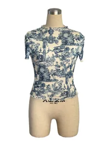 Detailed view of women's mesh top featuring blue Toile de Jouy print and ruffle trim finish