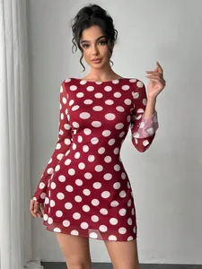 Elegant red polka dot mesh mini dress with flared long sleeves for women's summer wear
