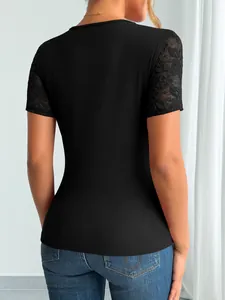 Rear view detail of a black ribbed t-shirt with elegant lace sleeves for women fashion