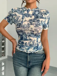 Women's Elegant Sheer Mesh Printed Short Sleeve T-Shirt Lettuce Trim Slim Fit Mock Neck Retro Toile de Jouy Top Graphic Tee