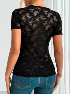 Back view detail showing the intricate floral lace pattern of this black short sleeve top