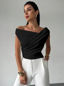 T-Shirt Femme Élégant à une Épaule sans Manches Plissé Crop Top Coupe Ajustée Minimaliste Couleur Unie Tricoté Haut d'Été pour Navettage