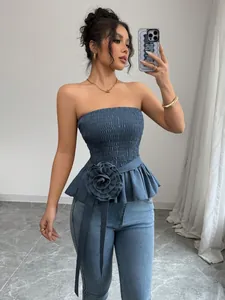 Women French Style Smocked Tube Top With 3D Floral Decoration Peplum Hem Solid Color Strapless Polyester Slim Fit Crop Top