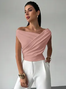 Haut élégant sans manches drapé rose clair à épaules dénudées pour femmes style chic