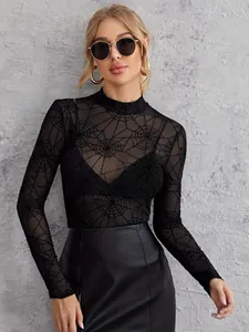 Women Sexy Mesh Sheer Long Sleeve Top Halloween Spider Web Print Mock Neck Slim Fit Gothic Layering Base Layer Shirt