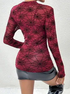 Detailed back view of a sexy burgundy spiderweb mesh sheer long sleeve slim fit top