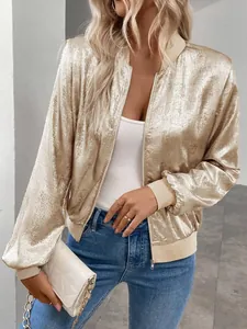 Giacca bomber metallizzata dorata da donna con cerniera, stile streetwear per primavera