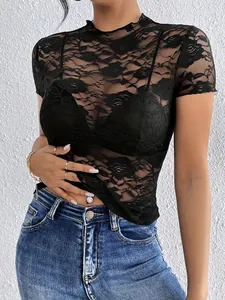 Women Sexy Sheer Floral Lace T-Shirt Mock Neck Ruffle Trim Slim Fit Short Sleeve Mesh Top Elegant Summer Blouse Party Clubwear