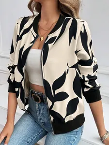 Damen Bomberjacke mit floralem Blättermuster in Schwarz und Beige mit Reißverschluss