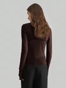 Back view of brown sheer mesh slim fit long-sleeve top with elegant wavy hem