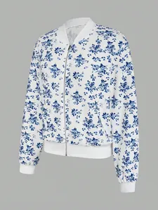 Stylish women's floral print bomber jacket with full zipper and ribbed baseball collar