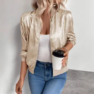 Elegante giacca bomber casual dorata metallizzata con cerniera e vestibilità slim per primavera