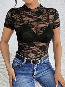 Elegant black floral lace mock neck short sleeve T-shirt with lettuce edge finish