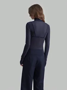 Back view of a sheer navy blue mesh long-sleeved turtleneck top for stylish women