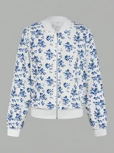 Women's white bomber jacket with elegant blue floral print and zipper closure