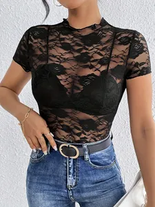 Elegant black lace mock neck slim fit T-shirt with floral pattern and lettuce trim