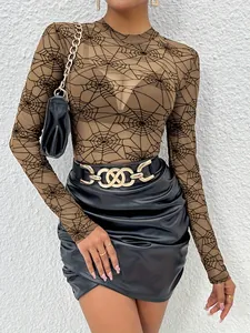 Sexy transparent spiderweb mesh long sleeve slim fit top for women's autumn fashion