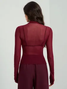 Back view of elegant burgundy sheer long-sleeved mesh top featuring stand collar