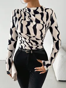 Elegant women's slim fit long sleeve top with abstract geometric print and high neck collar