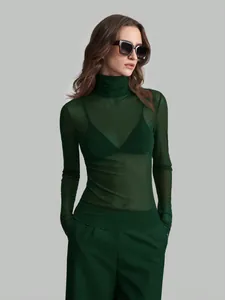 Elegant dark green sheer mesh turtleneck top with high collar detail and slim fit