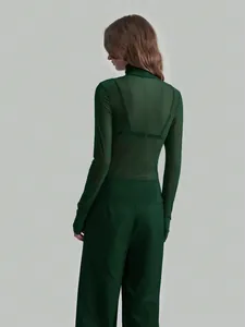 Detailed back view of a dark green sheer mesh long-sleeved turtleneck top for women.