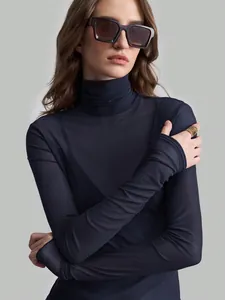 Elegant minimalist mesh turtleneck long-sleeve top for women in navy blue sheer mesh fabric