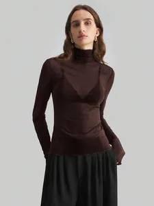 Women's chic high-neck brown mesh long sleeve slim fit top for elegant commute style