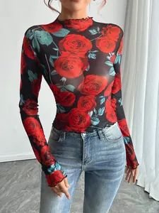 Women's mesh sheer top with vibrant red rose floral print and elegant mock neck