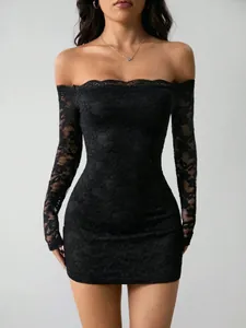 Slim fit black lace off-the-shoulder dress with long sleeves for women's outing