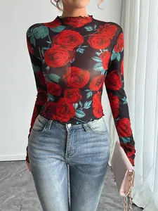 Elegant mesh long sleeve top featuring vibrant red rose floral print and stand collar.