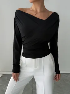 Top da Donna Elegante Slim Fit Monospalla a Maniche Lunghe Incrociato Scollo a Barca Tinta Unita Pendolare in Poliestere