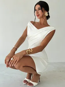 Elegant detailed view of the irregular cross-neck sleeveless white slim-fit dress