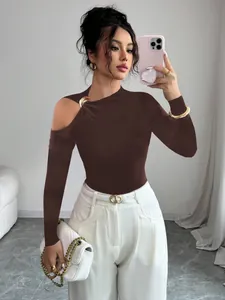 Slim fit dark brown one-shoulder top with gold metal ring detail and asymmetrical neckline