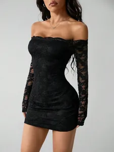 Women Sexy Off-the-shoulder Lace Dress Hollow-out Floral Nylon Slim Fit Long Sleeve Mini Bodycon Dress Party Night Clubwear Black