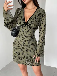 Women Olive Green Mesh Flocking Floral Dress Sexy V Neck Bow Bell Sleeve Double Layer Bodycon Mini Dress Elegant Party