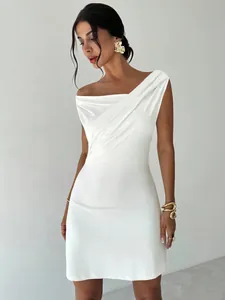 Elegant white slim fit sleeveless dress with asymmetrical cross neckline
