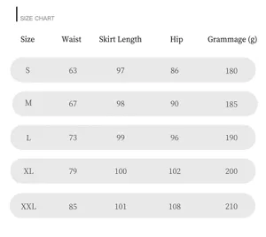 Detailed size chart for high waist mesh skirt including waist hip and length measurements