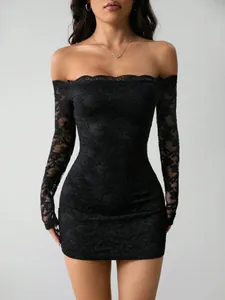 Elegant black lace off-the-shoulder long sleeve slim fit mini dress for women's party