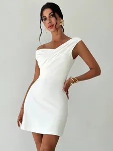 Elegant white one-shoulder slim fit mini dress with draped cross neckline for women